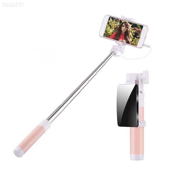 Selfie Monopiedi Mini Telefono Selfie Stick Rotazione di 360 ° Filo Controllo Asta per fotocamera Pieghevole Scatto orizzontale e verticale Specchio grande Bastone selfie universale L230913