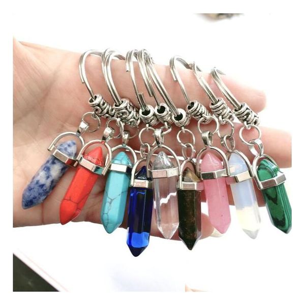 9 farben Chakra Hexagon Prisma Naturstein Schlüsselbund Legierung Kristall Schlüssel Ring Handtasche Hängt Mode Schmuck Geschenk Drop Lieferung