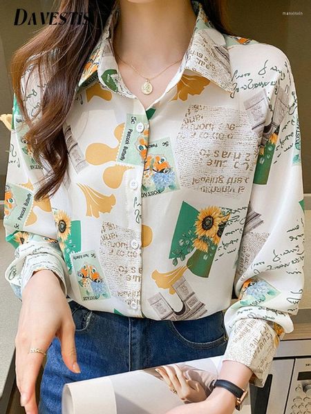 Blusas femininas moda impressa chiffon camisa feminina 2023 primavera verão escritório camisas de manga longa casual solto respirável