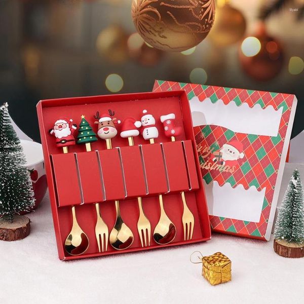 Set di stoviglie 6 pezzi / set Kit cucchiaio forchetta natalizio con confezione regalo Utensili per posate con manico lungo in acciaio inossidabile di grado natalizio