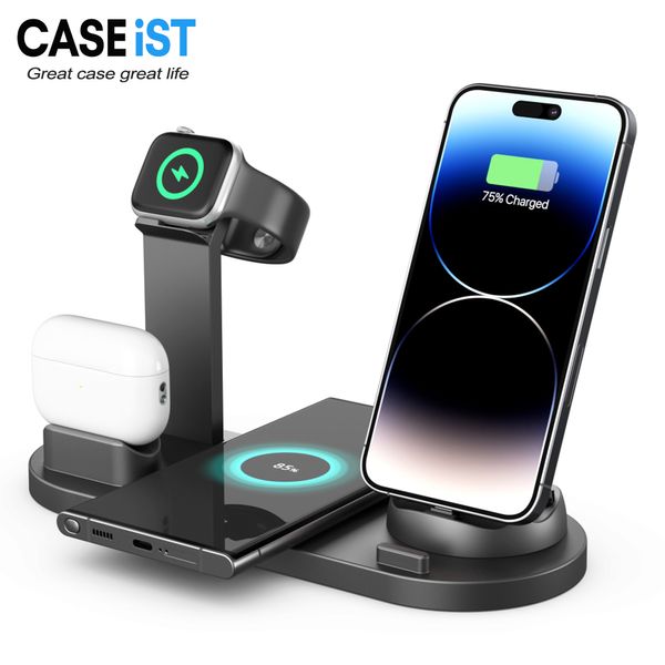 Carregadores rápidos sem fio 4 em 1 CASEiST Estação de carregamento de 15 W Qi Celular universal multifuncional Stand Holder Dock de montagem para viagem para iPhone AirPods iWatch