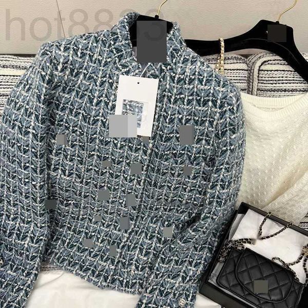 Giacche da donna Giacca di lana intrecciata doppio petto di design con elementi a griglia di fascia alta Feng Shui da donna blu 6LV7
