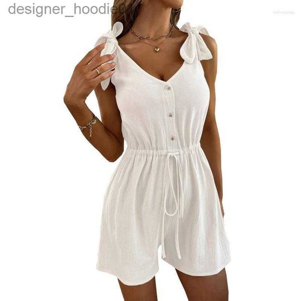 Macacões femininos macacão feminino plus size branco botão macacão 2023 verão casual sólido rendas playsuit sexy fora do ombro cinto túnica bodysuit l230