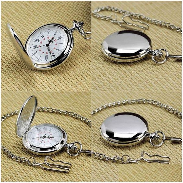 Relógios de bolso Chegada Sier Smooth Quartz Watch Fob Chain Presente Homens Mulheres Moda Steampunk Numerais Romanos Reloj De Bolsillo Drop Deli Ota4E