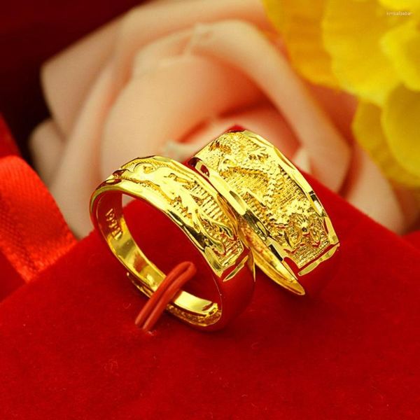 Anéis de casamento mulheres homens anel conjunto casal banda dragão phoenix sólido 18k amarelo ouro preenchido clássico moda jóias presente tamanho ajustar