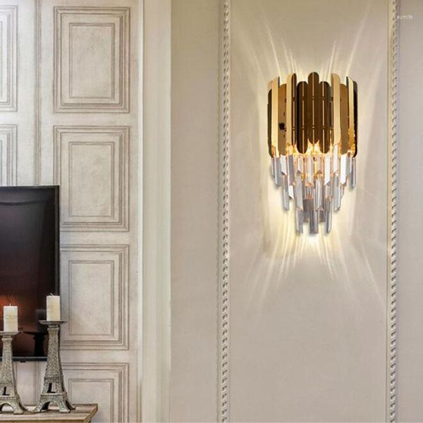 Lampada da parete Lampada da soggiorno moderna in cristallo di lusso dorato in acciaio inossidabile