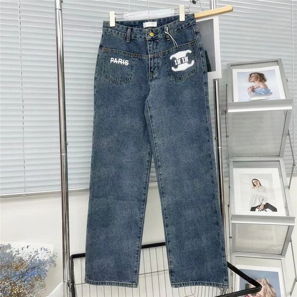 Letra bordada jeans calça para mulheres designer clássico jeans high street hiphop calças longas