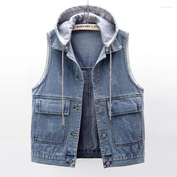 Damenwesten Frühling Herbst Denim Weste Jacke für Frauen mit Kapuze lose koreanische Mode Harajuku kurze ärmellose Jeans Streetwear mit Taschen