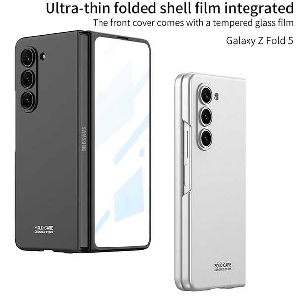 Capa de telefone luxuosa de membrana ultrafina Vogue para Samsung Galaxy Z dobrável Fold5 5G durável, resistente, completa, protetora, macia, pára-choque, película temperada, cor sólida, dobra