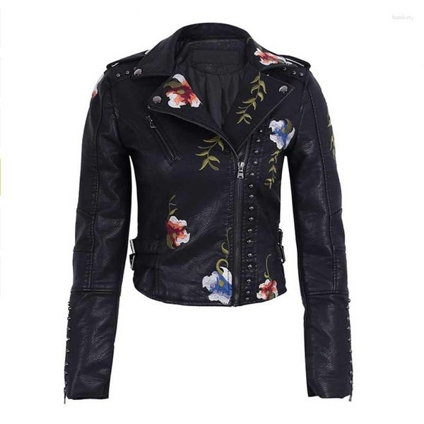 Damen Leder Frühling Herbst Blumen Stickerei Pu Jacke Frauen Umlegekragen Niet Reißverschluss Schwarz Biker Mäntel Tops Kleidung