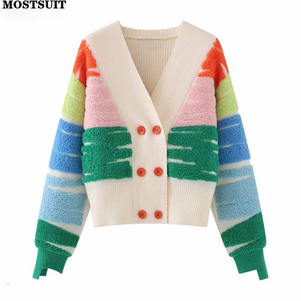 Mulheres Malhas Tees Rainbow Striped Knit Sweater Cardigan Mulheres Double-breasted V-Neck Jacket Casaco Outono Inverno Manga Longa Solta Elegante Tops 230912