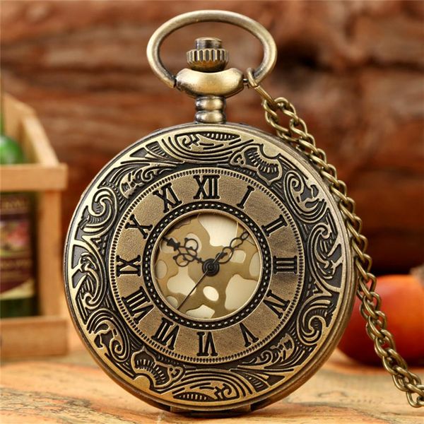 Orologio da tasca analogico al quarzo da donna antico con numeri romani intagliati, cassa in lega, mezza collana con cacciatore, catena, regalo di Natale199r