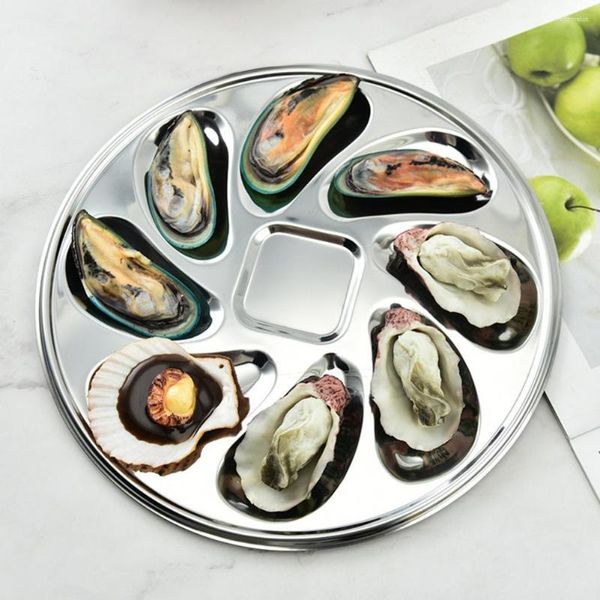 Teller Austernteller aus Edelstahl 304, Meeresfrüchte, Mehrzweckqualität, austernförmige Rillen, 8 Schlitze, Servier-Grillpfanne