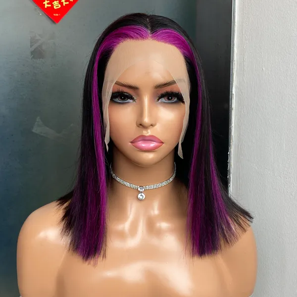 Alta qualidade peruano indiano brasileiro 1b roxo destaque cor 100% cru virgem remy cabelo humano sedoso reto 13x4 peruca frontal de renda transparente