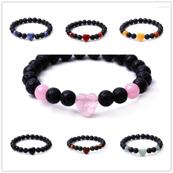 Strang 10 Stück 8 mm schwarzer Lavastein, buntes Herzform-Armband, Tigerauge, Rosenquarz, Armreif für Frauen, Yoga-Schmuck