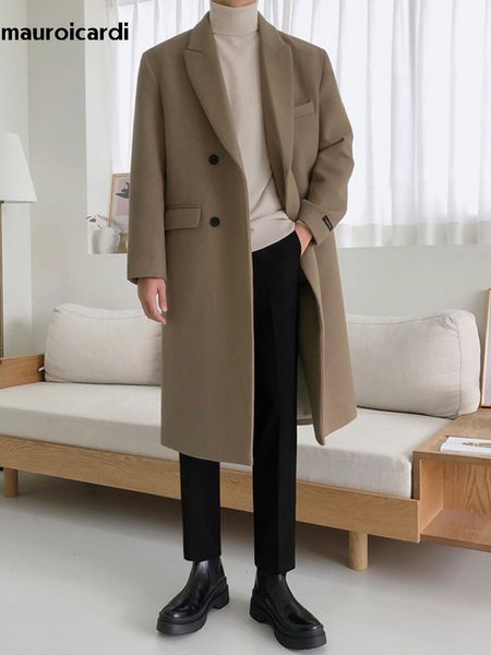 Мужское полушерстяное пальто Mauroicardi, осенне-зимнее длинное теплое верблюжье черное шерстяное пальто, мужское двубортное пальто из смесовой шерсти в корейском стиле с разрезом сзади 230912