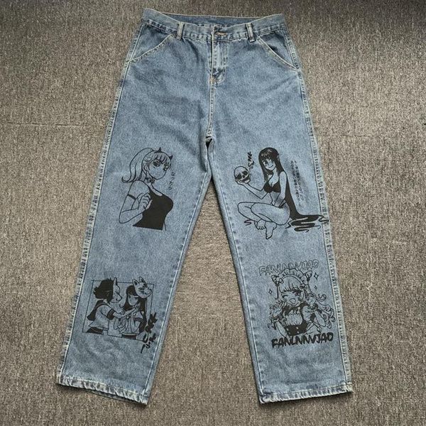 Jeans da uomo GODLIKEU uomo lavato Harajuku Anime stampa Baggy Streetwear cotone moda pantaloni larghi a gamba larga327n