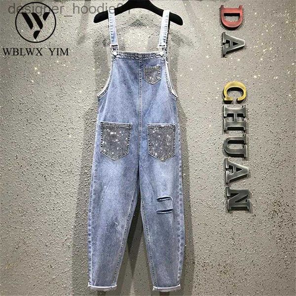 Macacões femininos macacão feminino macacão primavera denim macacão feminino cintura alta perna larga macacão buraco jeans macacão feminino verão sem mangas strass l