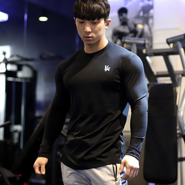 Polos masculinos fitness esportes manga longa elástico secagem rápida respirável roupas musculares exercício ao ar livre lazer correndo trainin