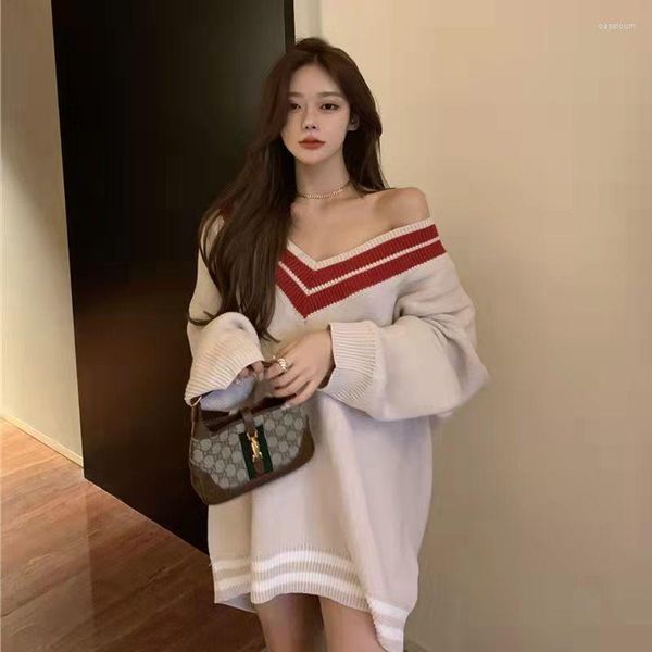 Casual Kleider Lange Strickkleid Mädchen Frühling Herbst Koreanische Süße V-ausschnitt Off Schulter Streifen Lose Volle Hülse Mini Alle-spiel