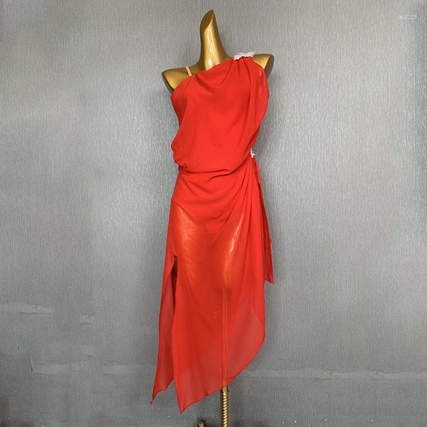 Bühnenkleidung 2023 Latin Dance Kleid Rote Wettbewerbskleidung für Frauen Rumba Salsa Kostüm Sexy See-Through Tango DNV17298