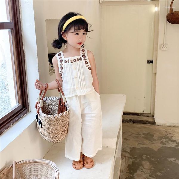 Set di abbigliamento MILANCEL 2023 Vestiti estivi per bambina Set con bretelle con fascino Pantaloni a gamba larga Vestito per bambini ricamato con fiori in due pezzi