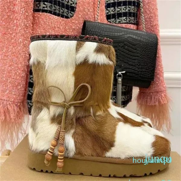 Designer - botas de neve de cabelo inverno couro frio frisado decoração sapatos casuais confortáveis cabeça redonda botas de fundo grosso