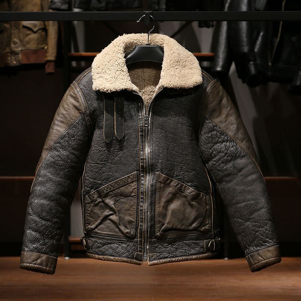 Couro masculino couro falso europeu de alta qualidade super quente genuíno jaqueta de couro de ovelha mens tamanho grande b3 shearling bombardeiro piloto militar casaco de pele 230912