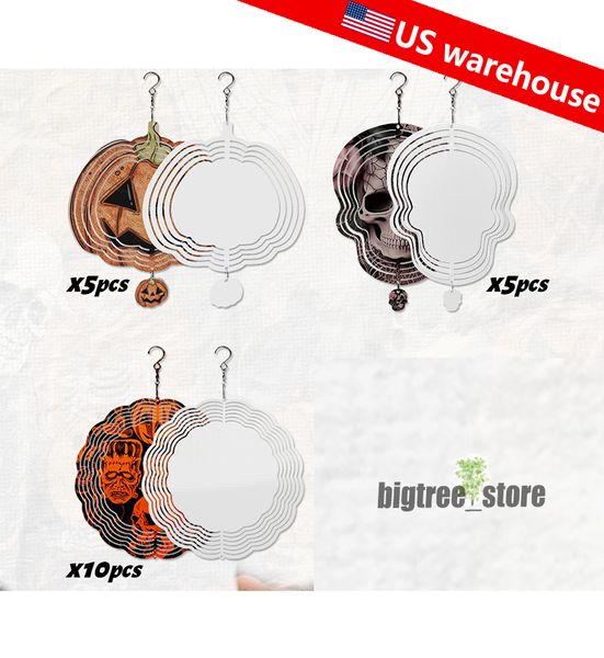 US Warehouse Sublimation Wind Spinner Pintura de metal sublimado Ornamento de 10 polegadas Lados duplos Espaços em branco sublimados Decoração DIY para Halloween e Natal