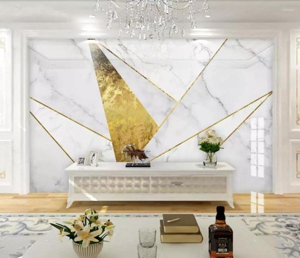 Tapeten CJSIR Benutzerdefinierte 3D-Tapete Wandbild Nordic Minimalist Geometrische Goldlinien Marmor TV-Hintergrund Wandpapiere Wohnkultur