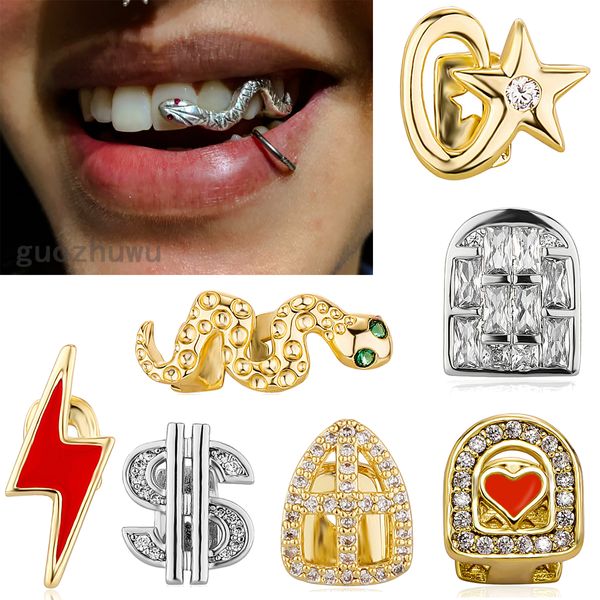 18K Altın Tek Grillz Diş Pişirek Hip Hop buzlu Kübik Zirkonya Yılan Dişleri Diş Diş Ağız Dişli Izgara Diş Kapağı Cadılar Bayramı Partisi Vampir Rapçi Vücut Takı Toptan