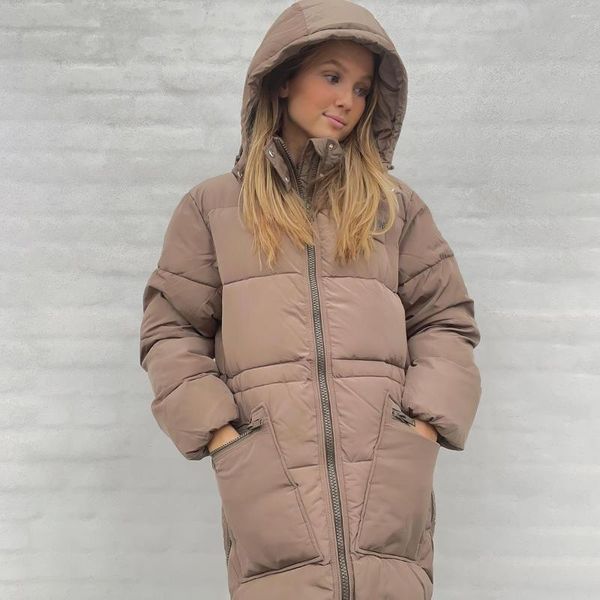 Damen-Jacke mit Daunen-Piraten-Hippie-Taschen, für den Winter, lange Ärmel, Reißverschluss, Knöpfe, gesteppt, warme Mäntel mit Kapuze, lässige Vintage-Oberbekleidung