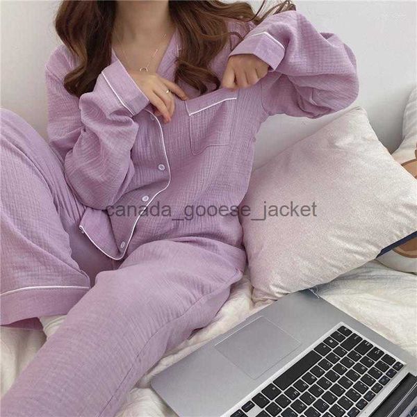 Conjunto de pijama de casal de algodão puro, pijama feminino de gaze crepe de camada dupla, pijama feminino de manga comprida, terno macio l746l230913