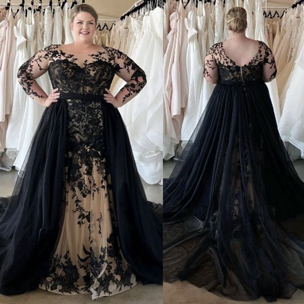 2023 preto gótico sereia vestidos de casamento com trem destacável ilusão mangas compridas plus size vestido de noiva renda apliques tripulação pescoço vintage desgaste nupcial