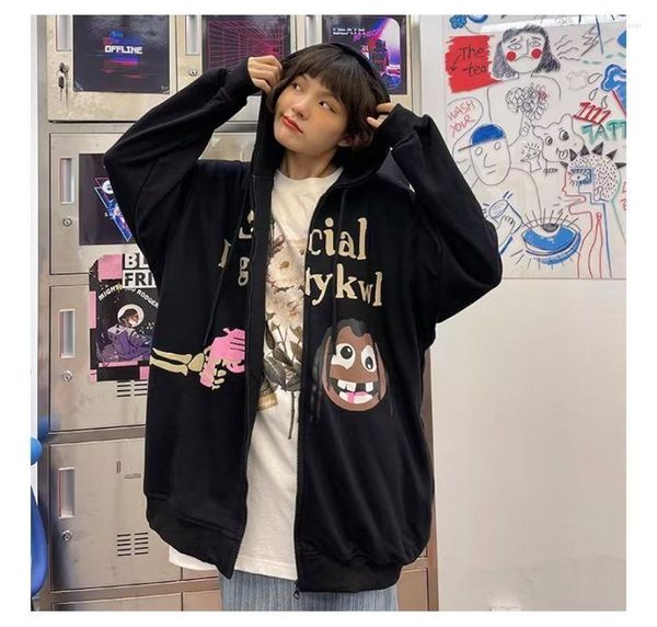 Kadın Hoodies Kawaii Giysileri Eğlenceli Karikatür Baskı Kpop Amerikan Retro Y2K Köpük Goth Kadın Giyim Hip Hop Sokağı Gevşek Kapşonlu Hırka