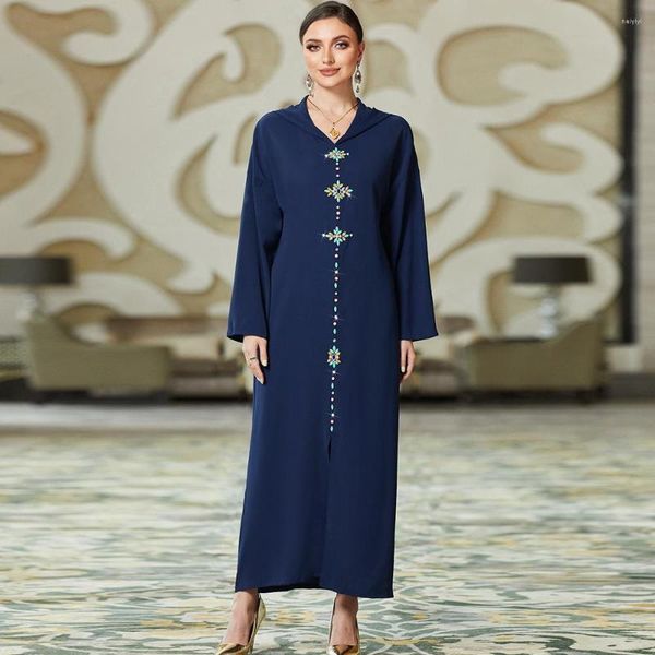 Etnik Giyim Koyu Mavi El Dikişli Elmas Müslüman Elbise Kadın Abaya Zarif Dubai Türkiye Arapça İslami Kapüşonlu Suudi Robe