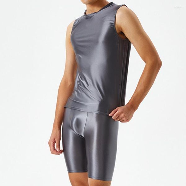 Herren-Thermounterwäsche, glänzend, 2-teiliges Set, sexy, seidig, transparent, Anzug, Shorts, Weste, Bodybuilding-Unterhose