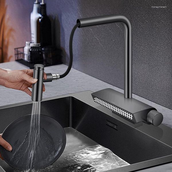 Rubinetti da cucina Rubinetto a cascata in ottone nero e interruttore doppio supporto per acqua fredda Miscelatore estraibile da 360 gradi