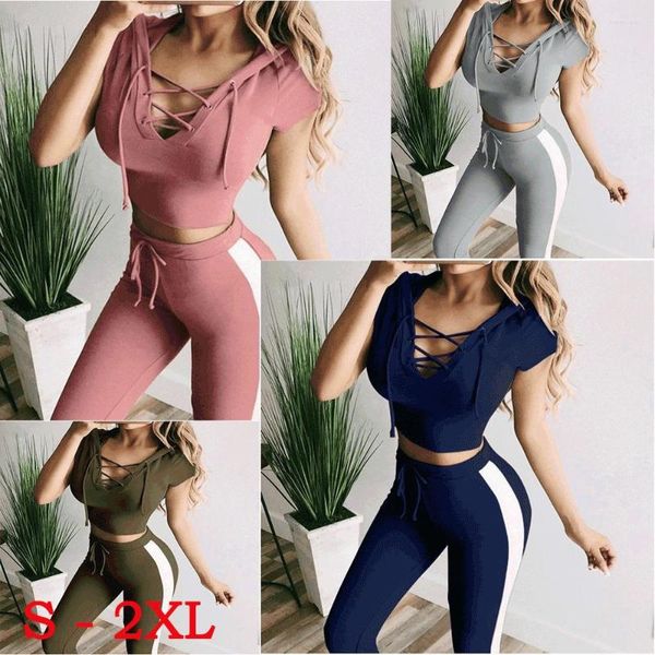 Pantaloni da donna in due pezzi Tuta da fitness Abbigliamento sportivo da 2 pezzi per il tempo libero Crop Top Leggings da yoga Sport con cappuccio da donna