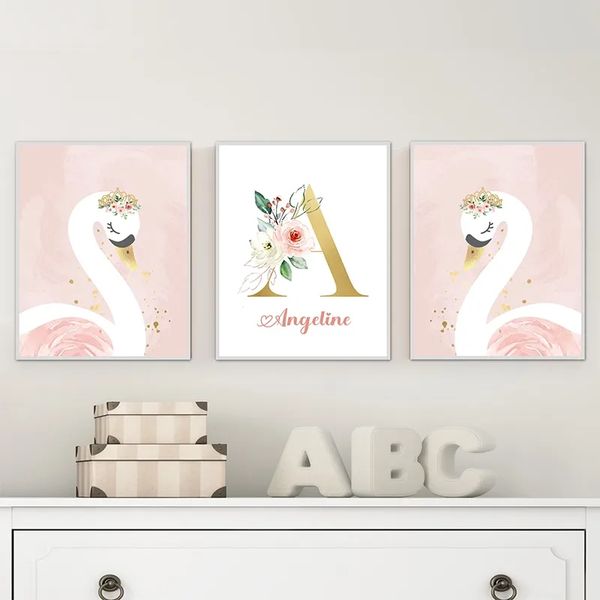 Pink Crown Swan Golden Personalizzato Baby Kids Nome Poster e stampe Nursery Wall Art Dipinti su tela per ragazze Camera da letto DecorL01