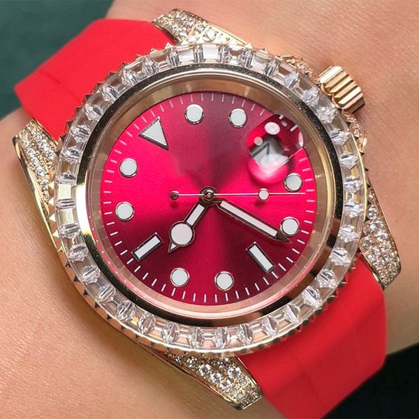 часы с бриллиантами, мужские часы, красные наручные часы, автоматические механические часы, резиновый ремешок, Montre De Luxe, водонепроницаемые, 40 мм