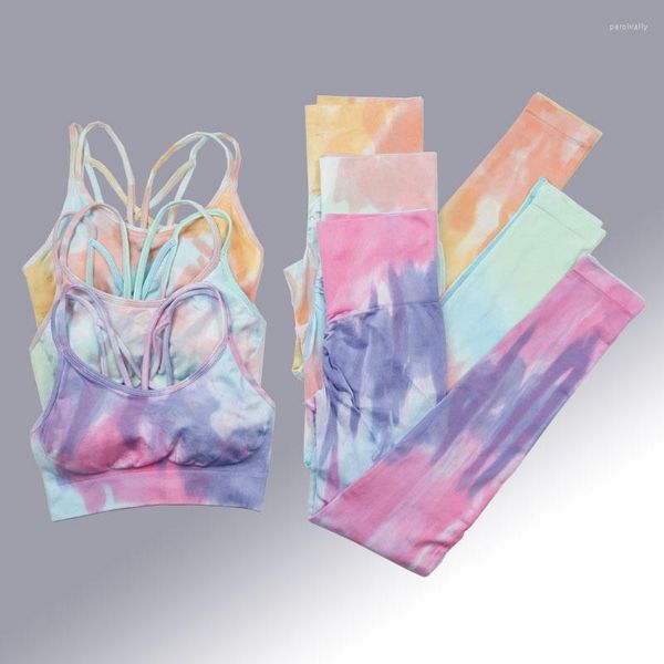 Aktive Sets Yoga-Anzug für Frauen Sport Gym Kleidung Tie Dye Workout Leggings BH Top Langarm Seamlesss Fitness Set Outfit