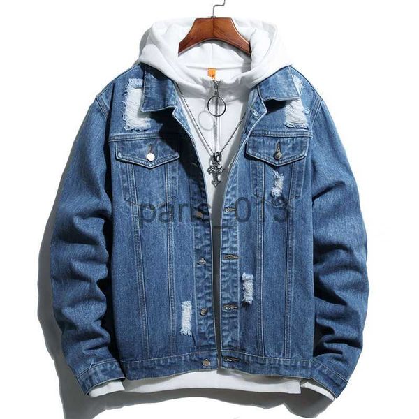 Herrenjacken, Herbst, zerrissene Denim-Kleidung, coole Herren-Motorradjacke, klassischer Stil, Baumwolle, lässig, Loch-Jeans-Mantel, Vintage-Blau, männliche Kleidung x0913 x0913