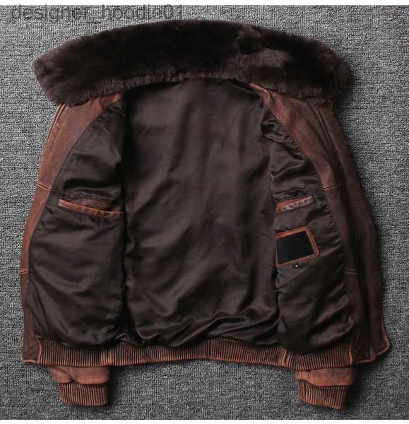 Herren Pelz Kunstpelz Herren Braun Air Force Flight Lederjacke Vintage Wollkragen Plus Größe Echtes Rindsleder Winter Russischer Pilotenmantel Männlich L230913