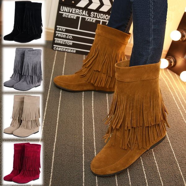 Botas hasta la rodilla con flecos Retro para mujer, zapatos de Otoño Invierno con borlas de gamuza sintética, color rojo y rosa, Botas Largas, talla grande 35-43