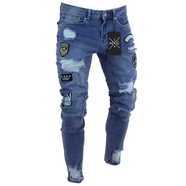 hirigin Uomo Jeans 2018 Stretch Distrutto Strappato applique Design Moda Caviglia Cerniera Jeans skinny per uomo210R