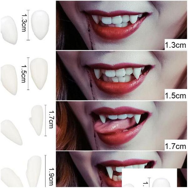 Decoração de festa 1 par de dentes de vampiro presas dentaduras adereços traje de Halloween falso cola sólida dentadura adesivo decoração gota entrega hom dhctw