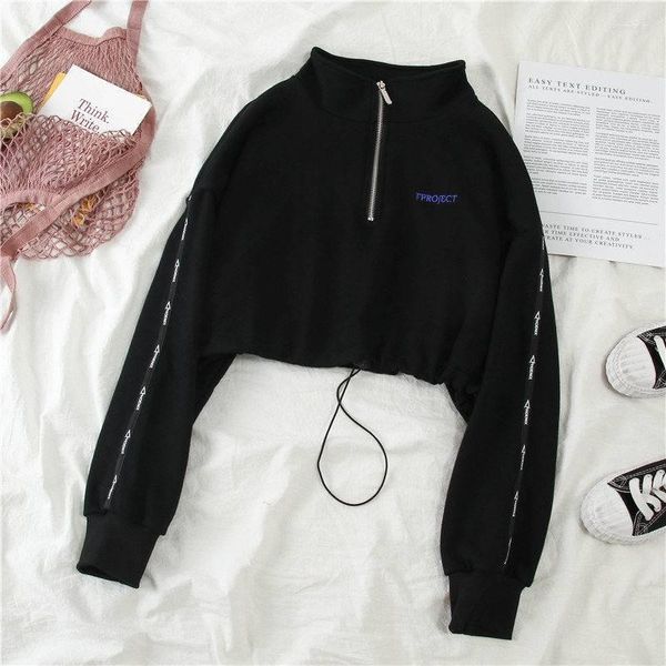 Женские толстовки на молнии, осенняя черная однотонная толстовка с капюшоном Y2K, укороченные топы, толстовка с длинными рукавами, крутой свободный пуловер, женский уличный уличный пуловер