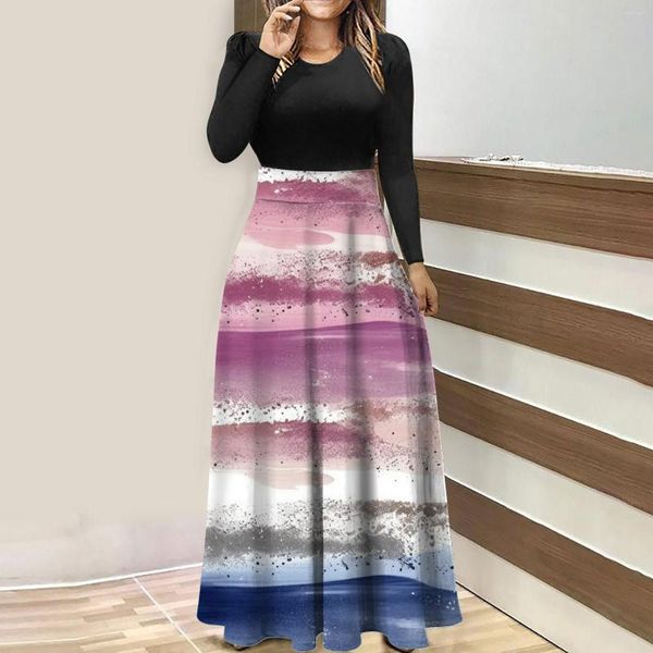 Vestidos casuais mulheres outono impresso em torno do pescoço manga comprida retalhos saia vestido moda boho elegância plus size feminino