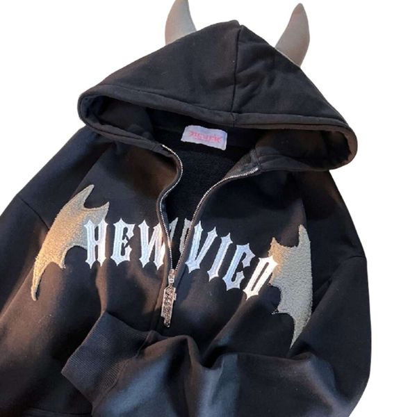 Moletom feminino designer de alta qualidade hoodies mulheres moletom hip hop escuro morcego asa diabo chifre gótico zip up moletom com capuz homens mulheres oversized moletom kawaii